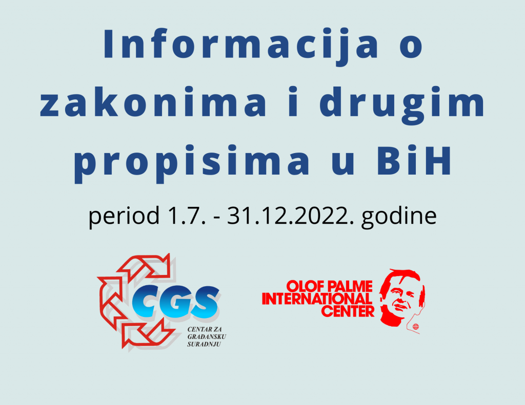 Informacija o zakonima i drugim propisima u F BiH period 1.7. - 31.12.2022. godine