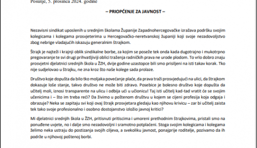 Javna podrška Nezavisnog sindikata uposlenih u srednjim školama ŽZH Koordinciji sindikata obrazovanja HNŽ/HNK